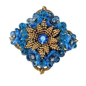 Vintage Signed Made in Germany Gold Tone Blue Floral Rhinestone Filigree Brooch